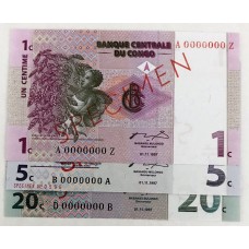 CONGO 1997 . ONE 1, FIVE 5, TWENTY 20 CENTIME BANKNOTES . SPECIMEN SET